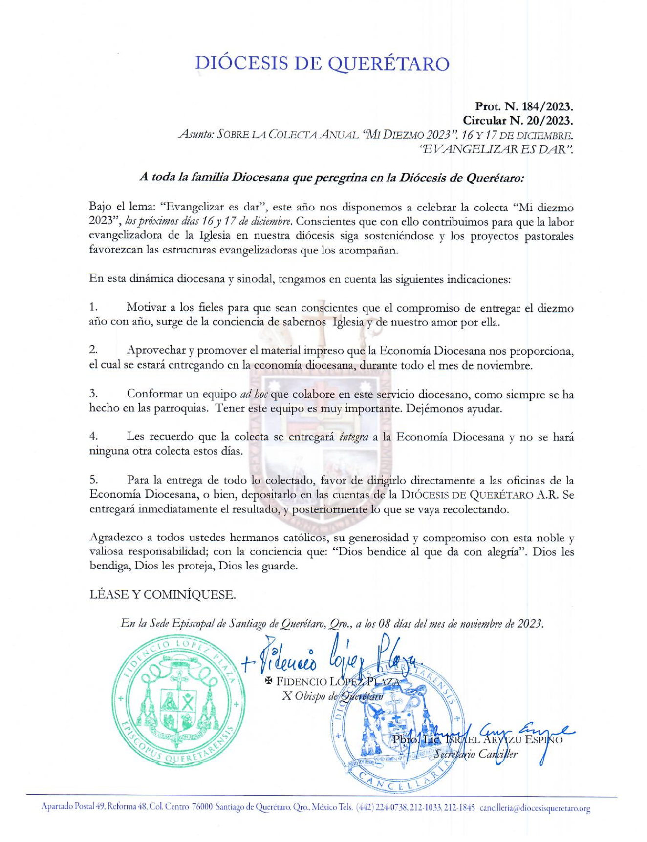 Circular N° 20/2023 Prot. N° 184/2023. Asunto: Sobre la colecta anual  "MI DIEZMO 2023"  16 Y 17 de diciembre  "EVANGELIZAR ES DAR".